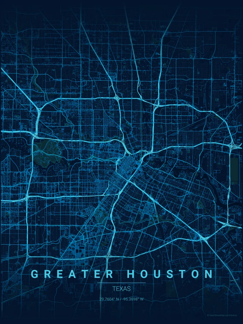 Street map of central Houston, Texas, drawn in Pools of Houston blues with downtown at the centre. Open the interactive map to see our projects and service areas.